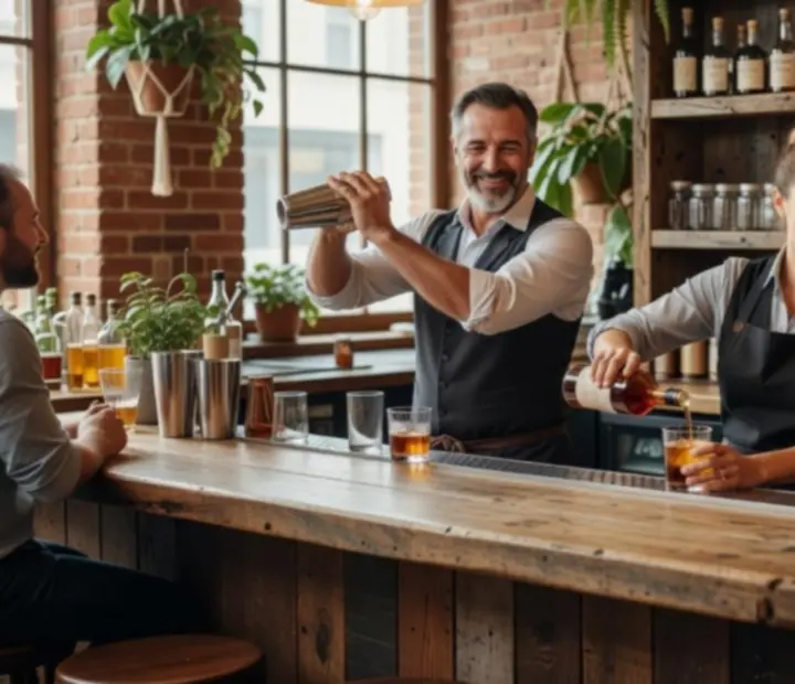 A Mixology csapata italokat készít a bár mögött, meleg, rusztikus-elegáns belső térben.