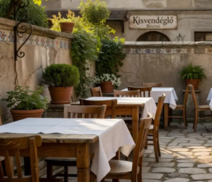 Napsütötte bisztró udvar rusztikus asztalokkal Budapest-ben.